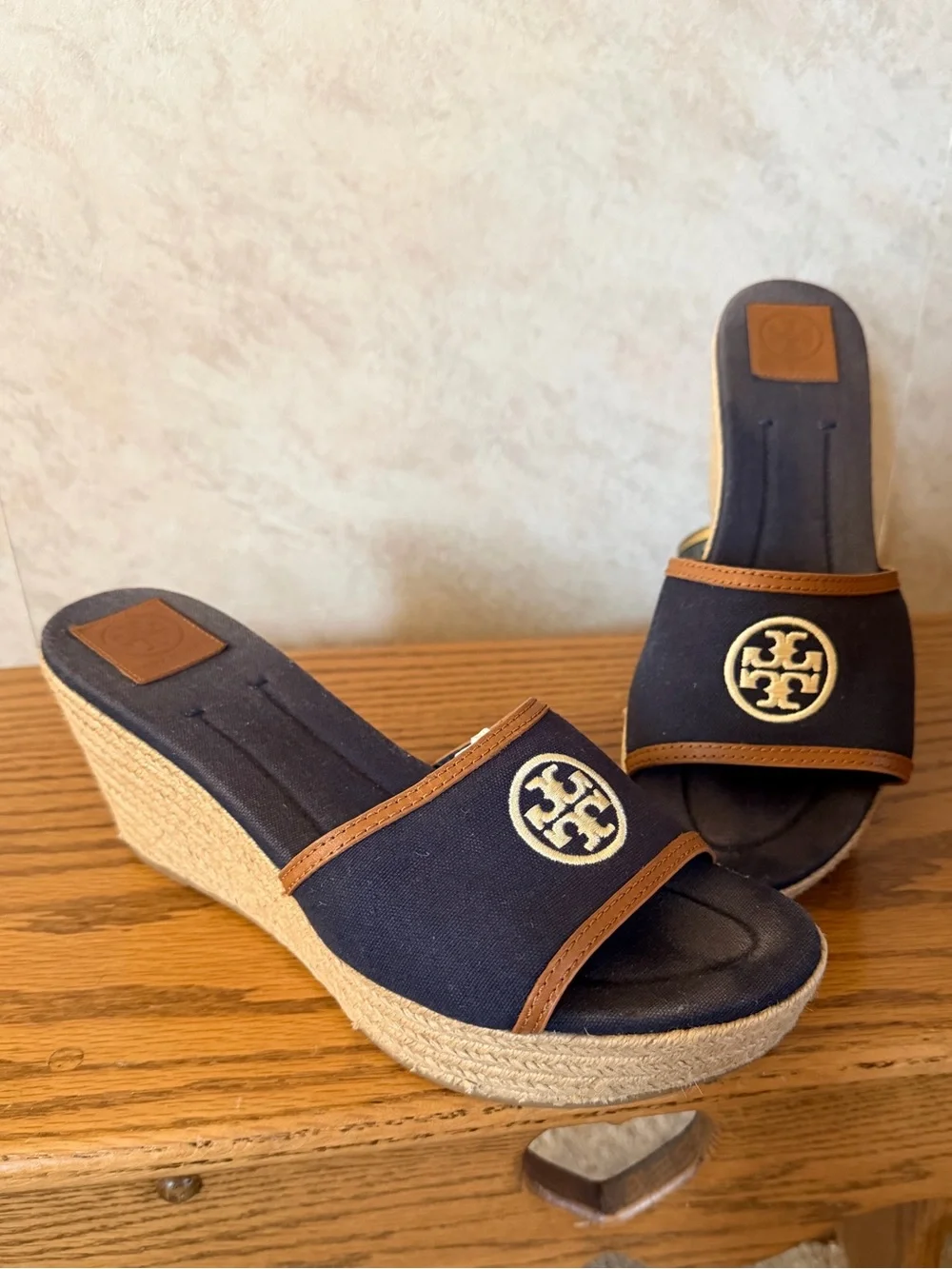 Tory Burch Navy and Tan Espadrille Wedge Slides